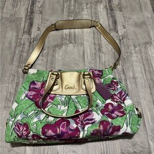 Coach Green and Purple Shoulder Bag with Botanical Print